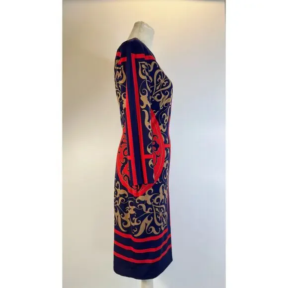 Cache Bodycon Sheath Dress Baroque Navy Red Women’s Medium Boat Neck Geometric - Picture 4 of 16